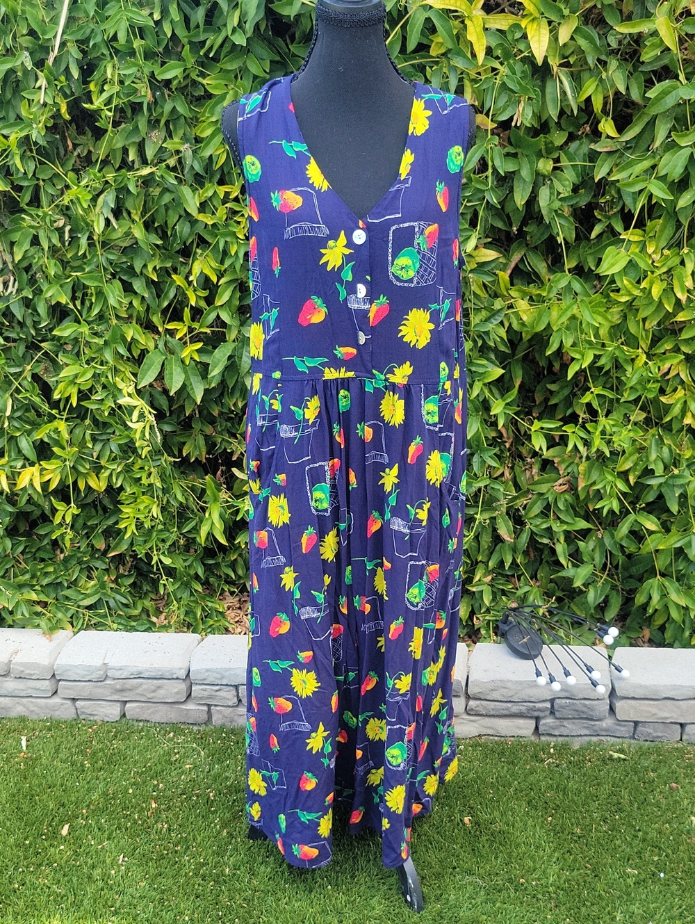 Vintage 100% Cotton Navy Floral And Fruit Dress With Pockets L